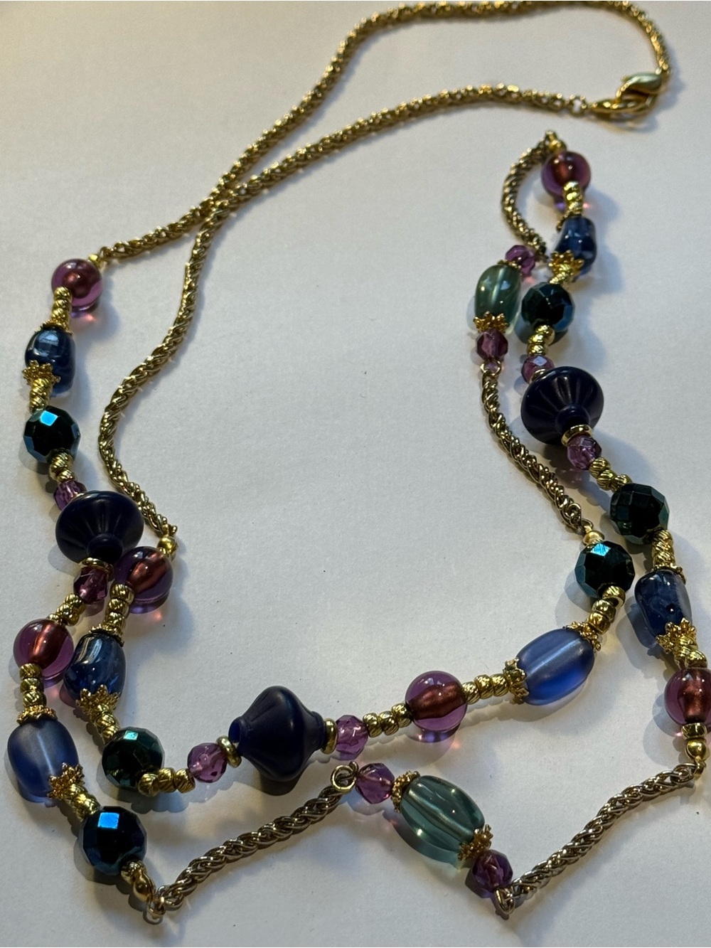 Gold-Tone Layered Beaded Necklace with Purple, Blue & Pink Accents